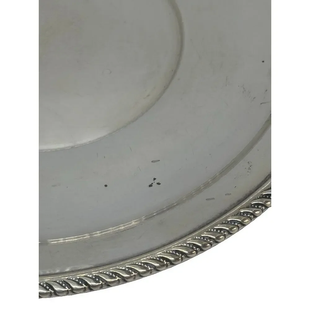 Mid 20th Century 9.5” Round Silver-Plated Serving Tray Platter Rope-Style Border
